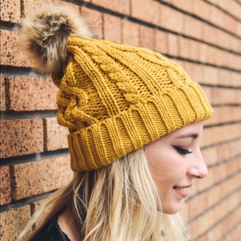 Yellow Pom Pom Vegan Friendly Winter Beanie OS - Picture 2 of 5